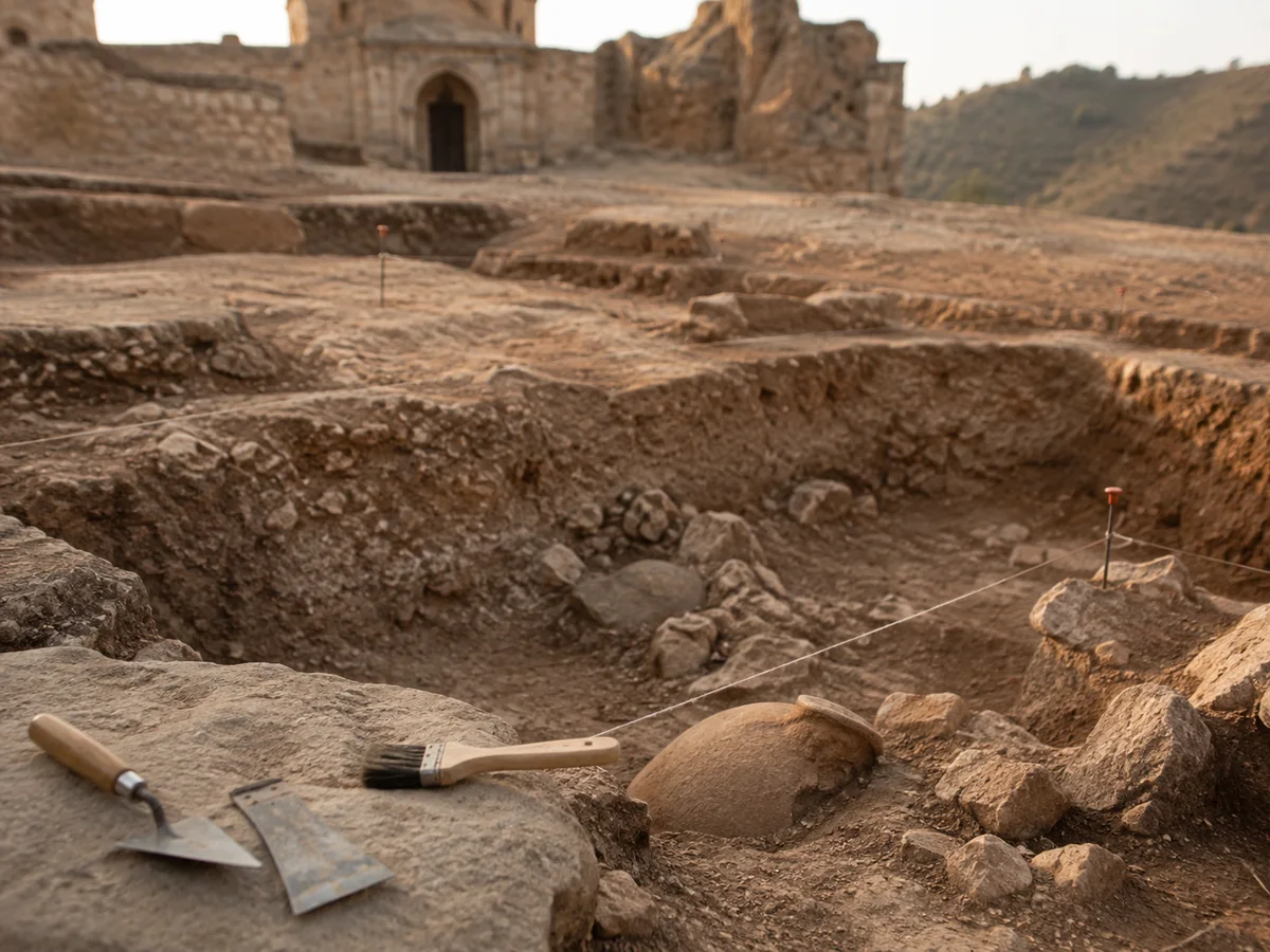 Representación ilustrativa de una excavación arqueológica con registro estratigráfico