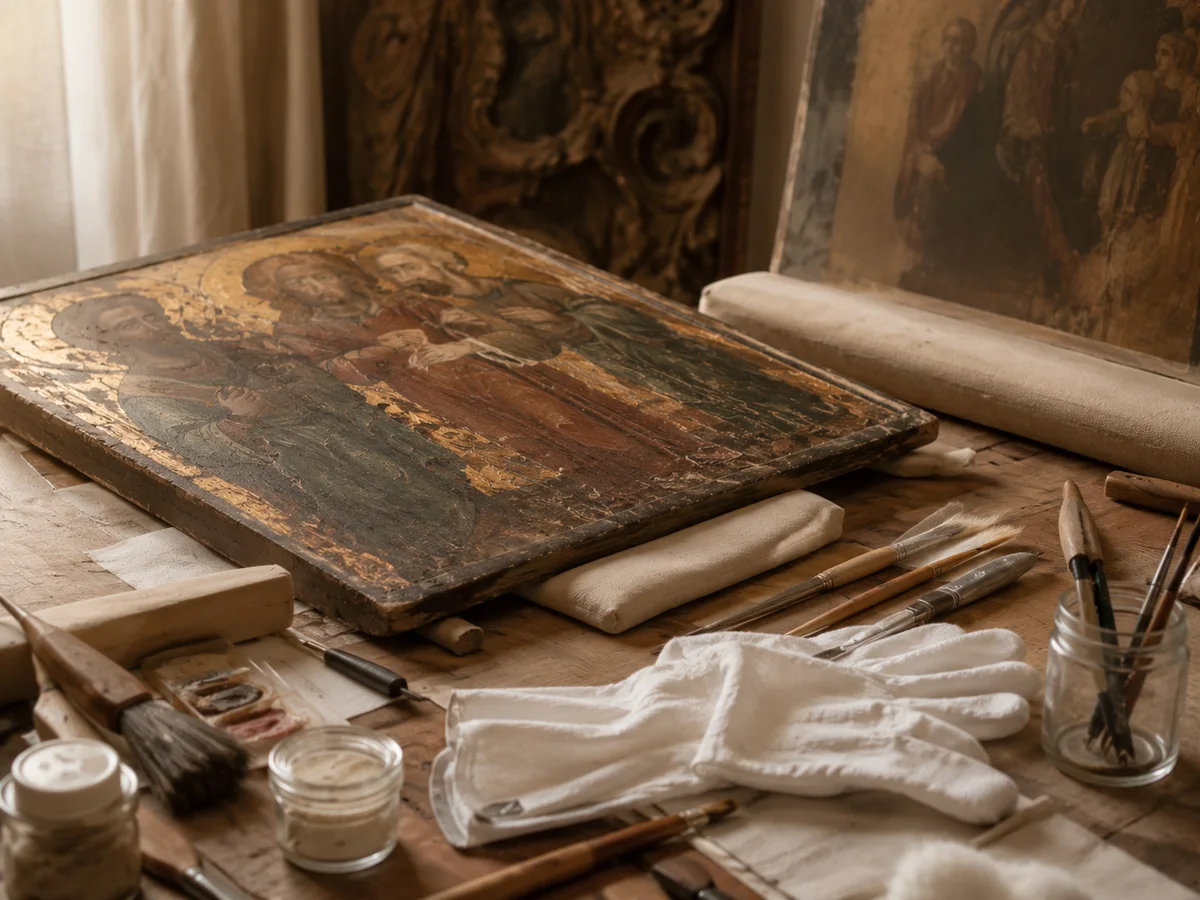 Representación ilustrativa de trabajos de conservación sobre un bien mueble histórico