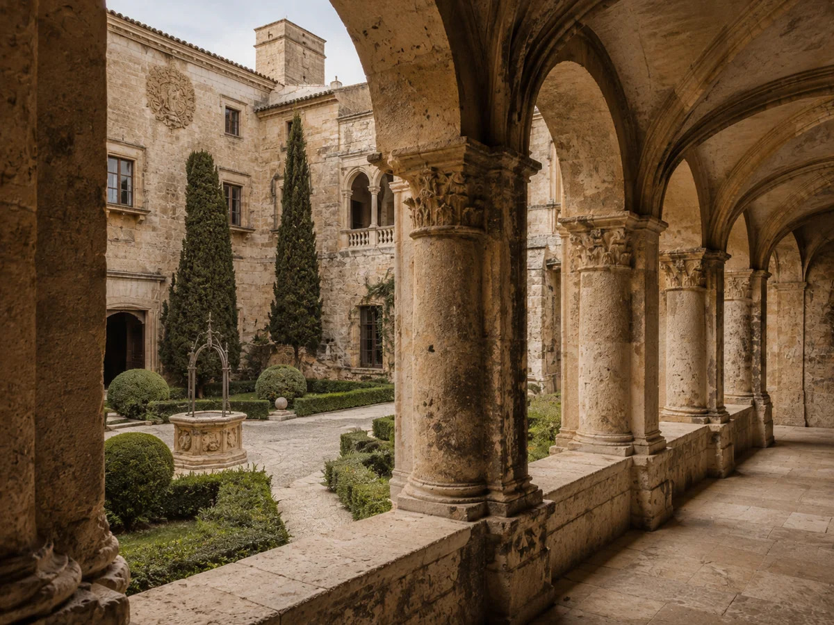 Representación ilustrativa de un claustro perteneciente a un edificio histórico singular