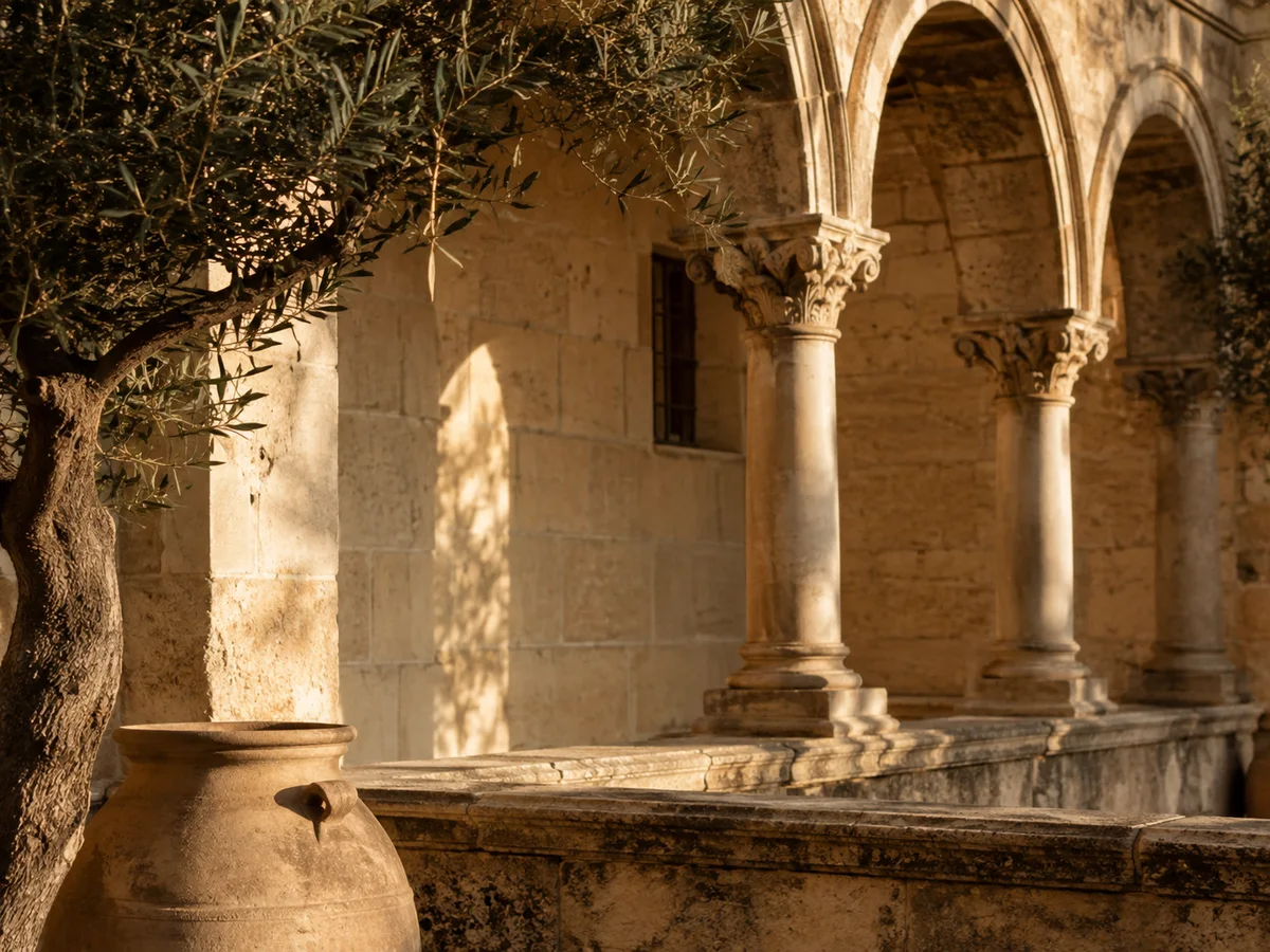 Representación ilustrativa de arquitectura histórica mediterránea vinculada al cuidado del patrimonio