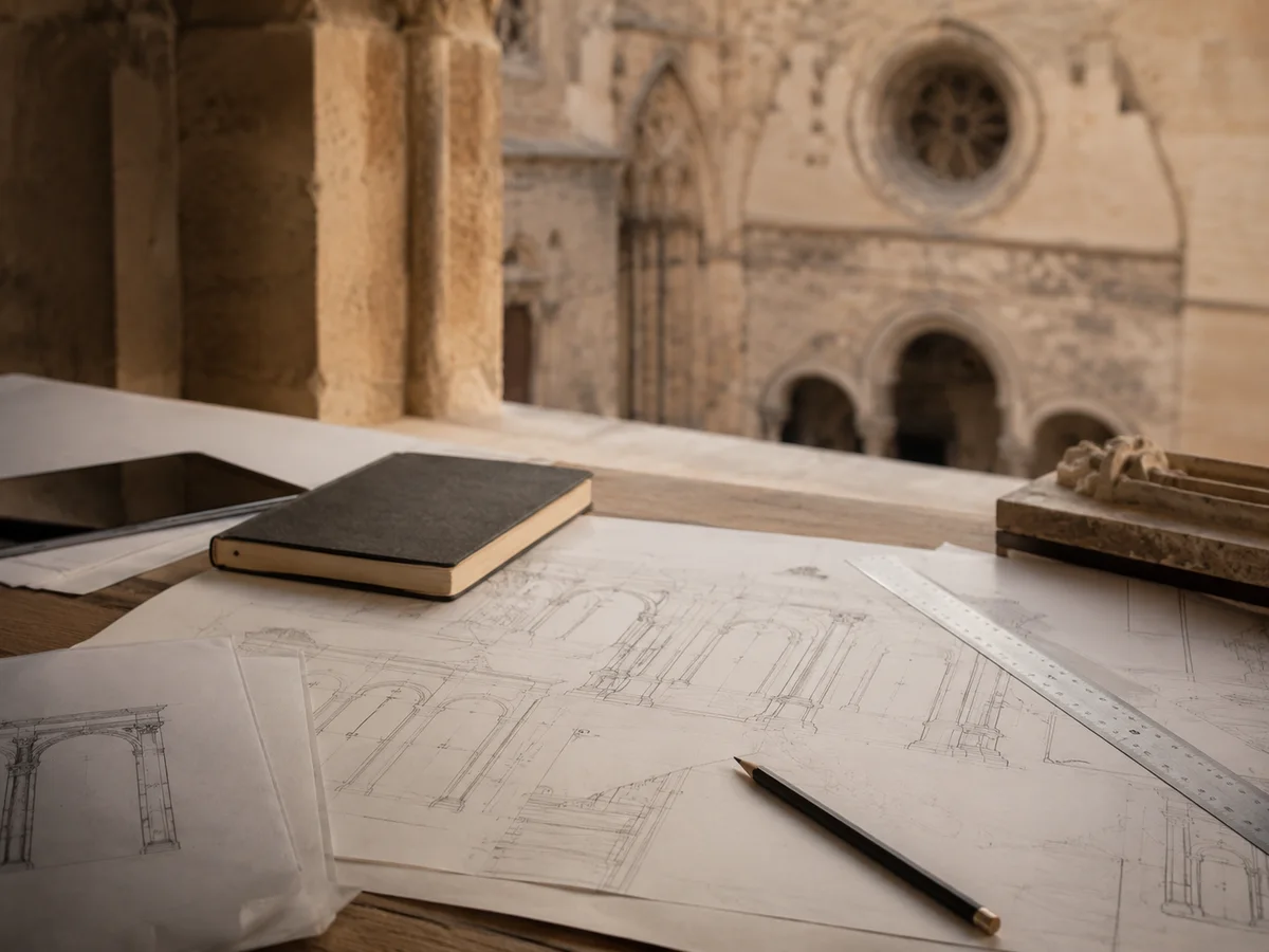 Representación ilustrativa de planos y documentación para una intervención patrimonial